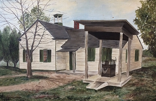 Color painting of the Woodlawn two-room schoolhouse. The building has white clapboard walls, a grey slate roof, a bell tower, and six visible windows with green shutters. A pump for well water is visible in the foreground.  
